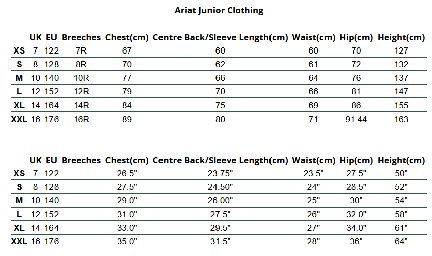 2025 Ariat Junior Clothing  Size Chart